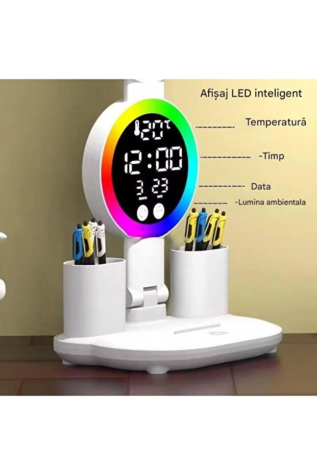LED desk lamp, flexible (30-47 cm), with clock, date and temperature display, 2 integrated organizers - 2