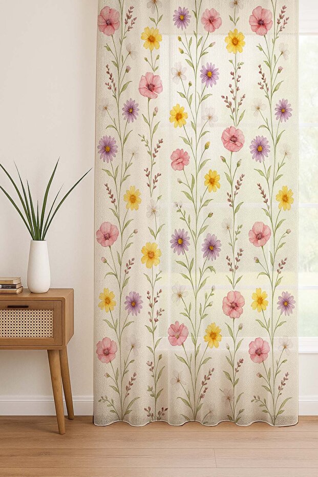 Renkli Çiçekler Desenli Dijital Baskı Tül Perde Salon Mutfak Yatak Odası 140x260cm - 3