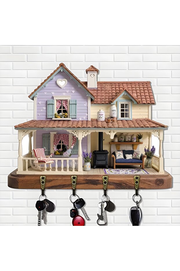 2D Flat, Multi-Purpose Wooden Key Holder, with Four Metal Hooks, Wall Decor, Home Decoration 83
