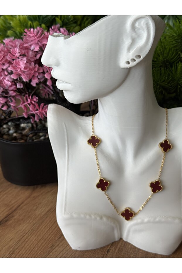 Bordo Yoncalı Çelik Kolye - 1