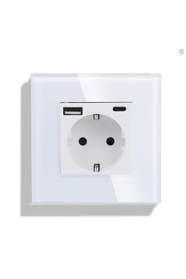 Complete Schuko Socket with USB A+C Port 3, 1A, 20W Fast Charge, Smart Recognition, Glass Frame, Whi - 2