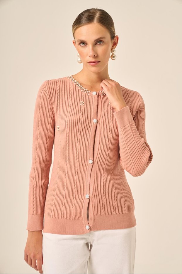 Women's Pearl and Beyoğlu Detailed Knitwear Cardigan Powder 25090