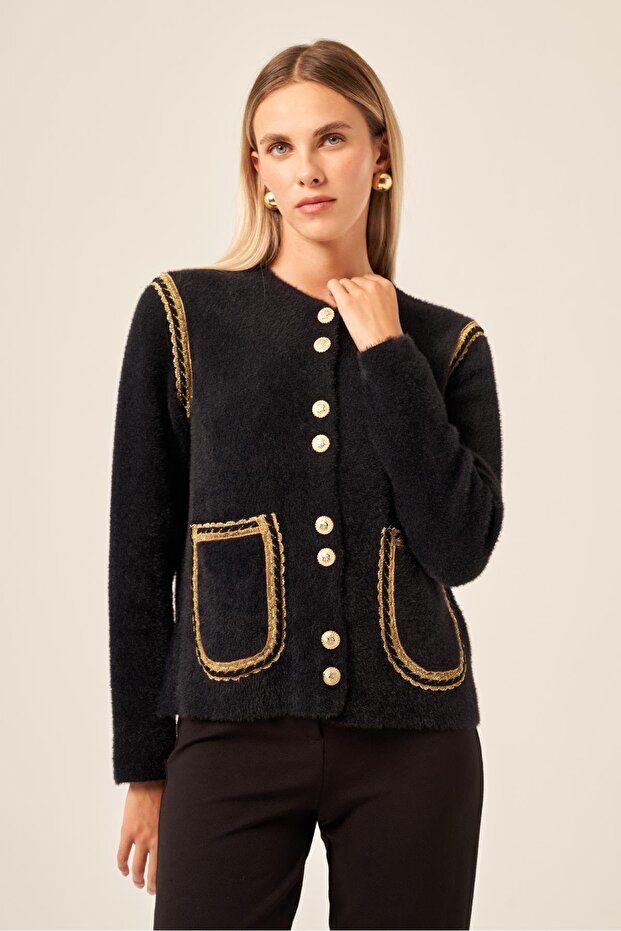 Women's Glitter Stripe Detailed Cardigan Black 25087