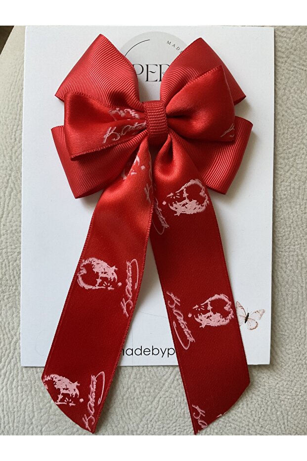 Red Atatürk Signed Bow Hair Clip – Holiday Special Handmade Model |
