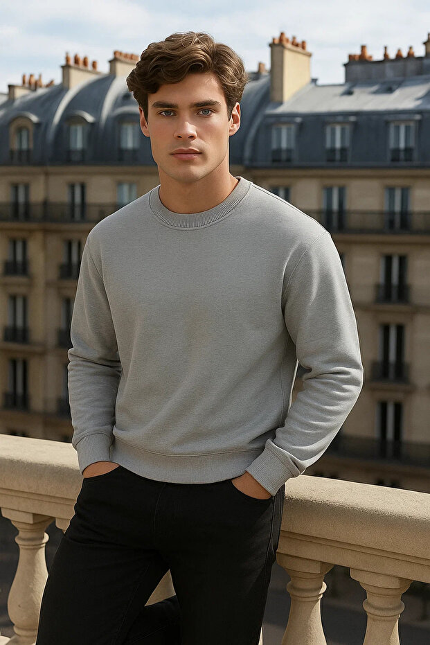 Men's Crew Neck Oversize Basic Gray Sweater - 6