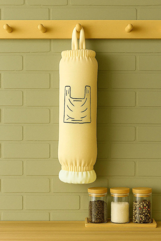 Poşetlik Bez Poşet Düzenleyici Organizer Alt Üst Lastikli Mutfak Poşet Düzenleyici Ekru - 1