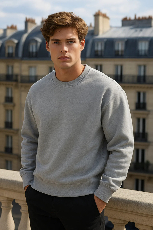 Men's Crew Neck Oversize Basic Gray Sweater - 4