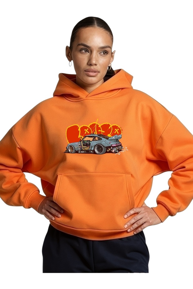 Unisex Car Colorful Custom Printed Cotton Oversize Hooded Sweatshirt