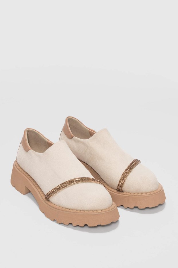 Nivan Women's Loafer with Stone Detail on the Front - Ecru Suede