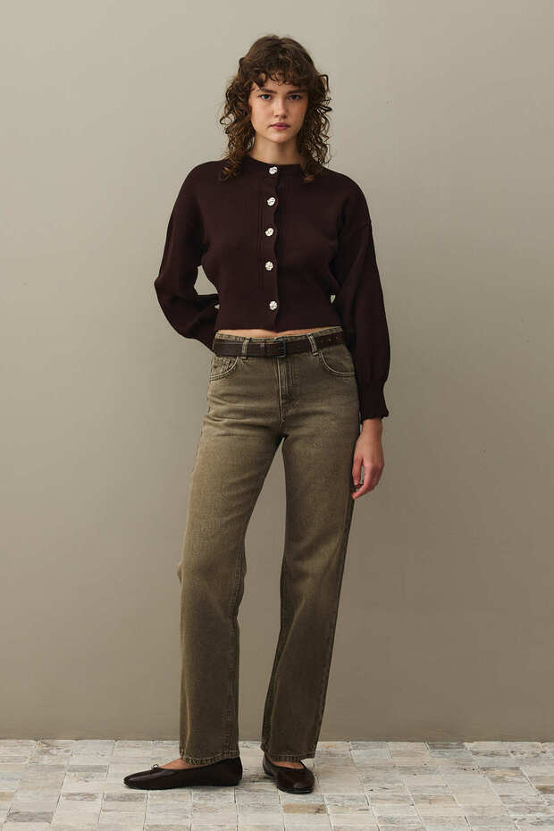 Dore Düğmeli Triko Hırka Mürdüm - 1