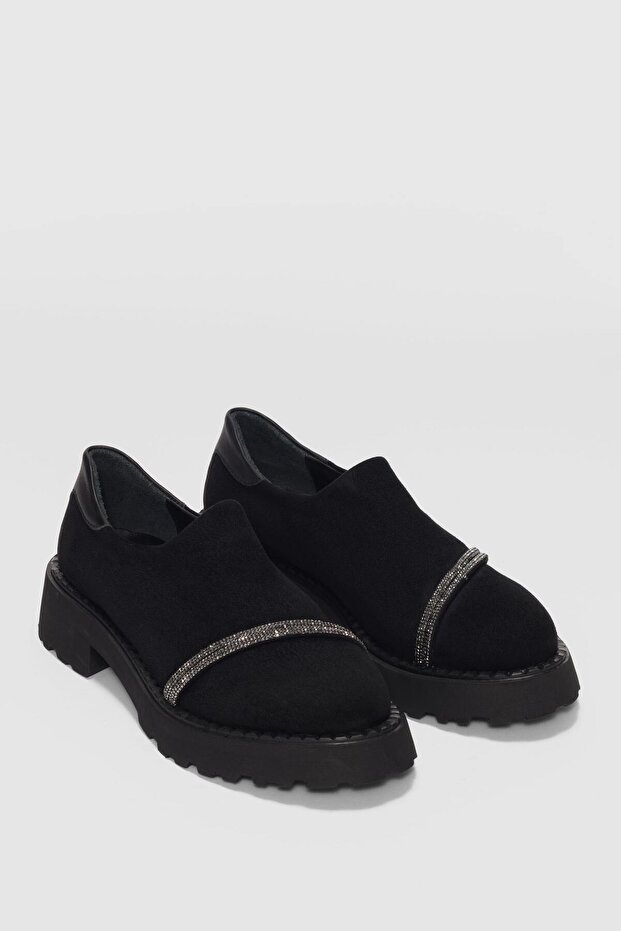 Nivan Women's Loafer with Stone Detail on the Front - Black Suede