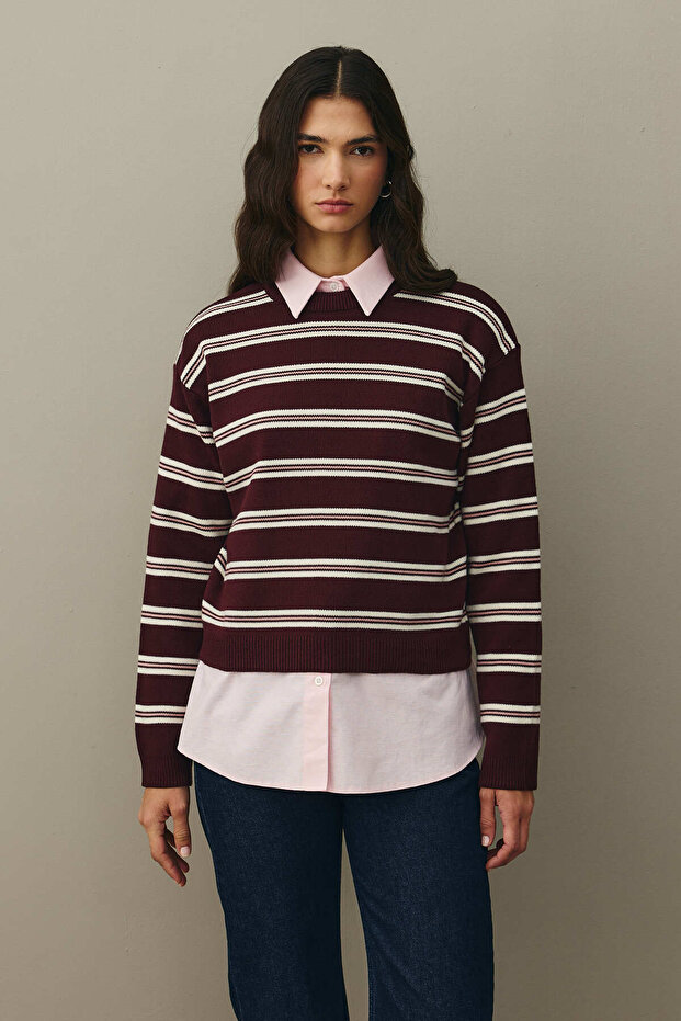 Çizgili Basic Triko Kazak Bordo - 6