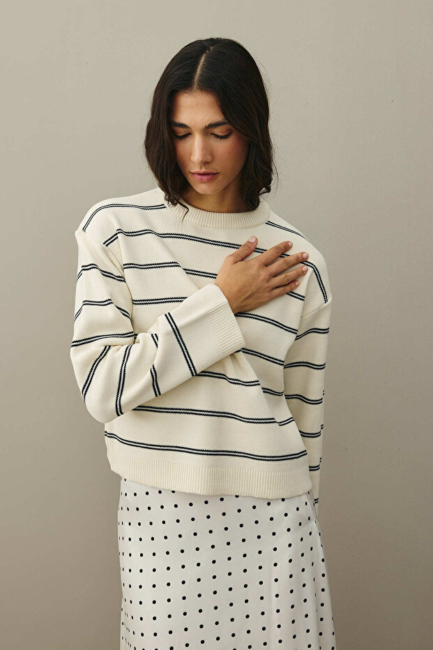 Çizgili Basic Triko Kazak Ekru - 5