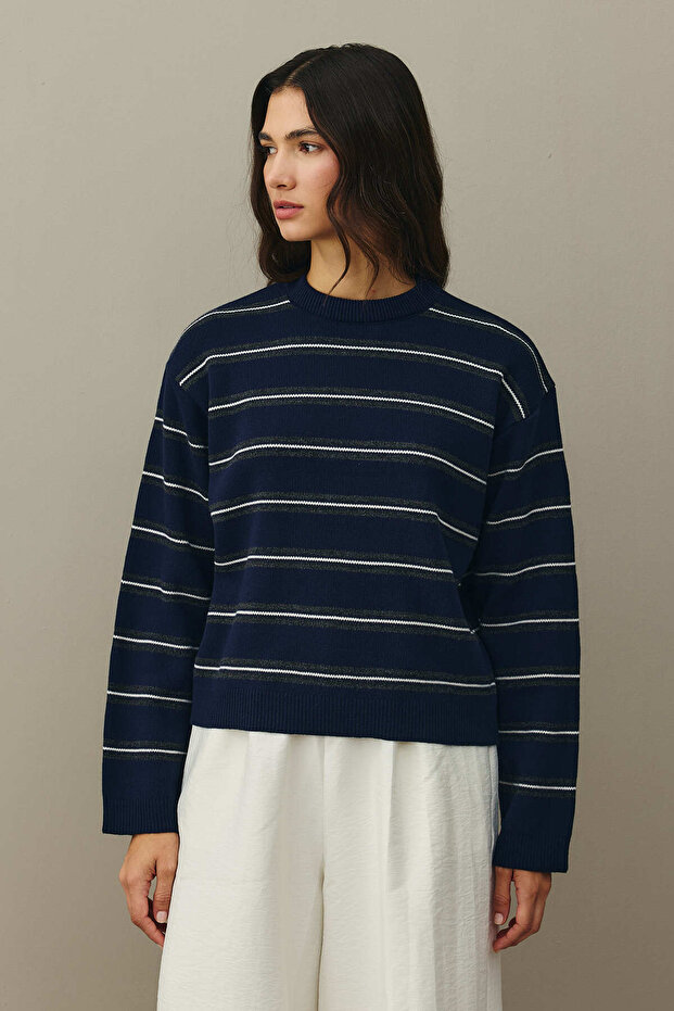 Çizgili Basic Triko Kazak Lacivert - 4