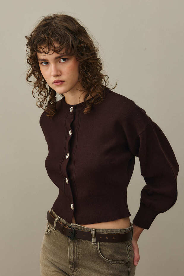 Dore Düğmeli Triko Hırka Mürdüm - 3