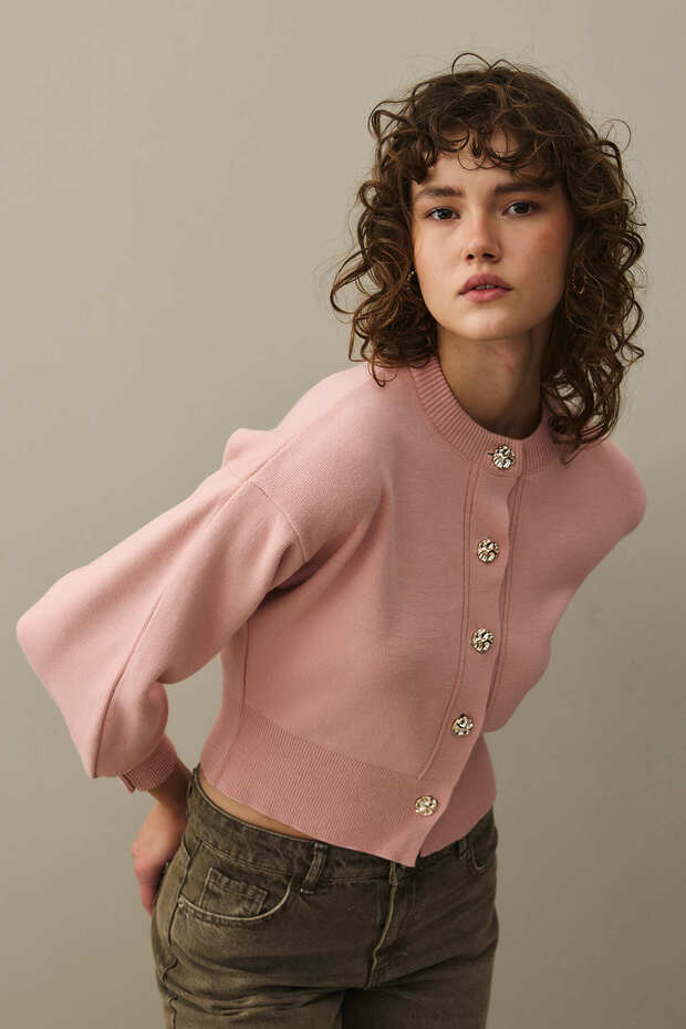 Dore Düğmeli Triko Hırka Pembe - 5