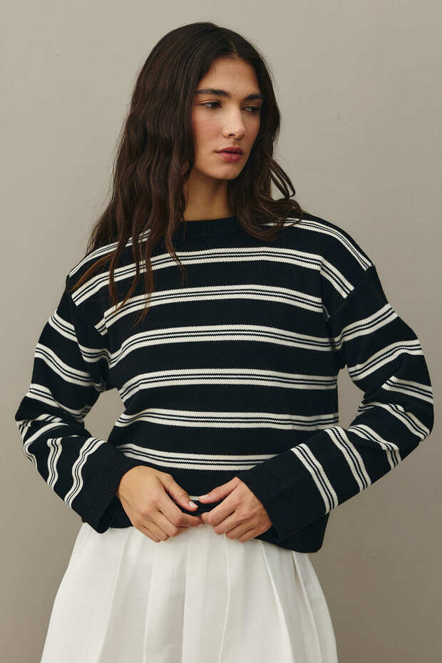 Çizgili Basic Triko Kazak Siyah - 3