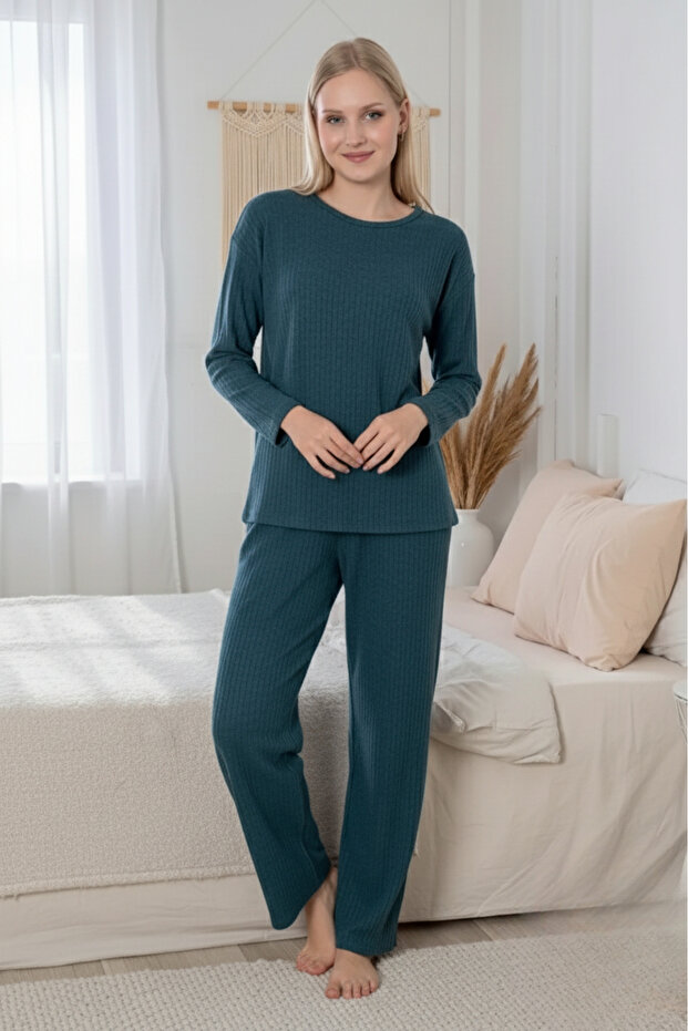 Kalın Kışlık İnterlok Şeritli Uzun Kollu Örme Pijama Takımı - 2