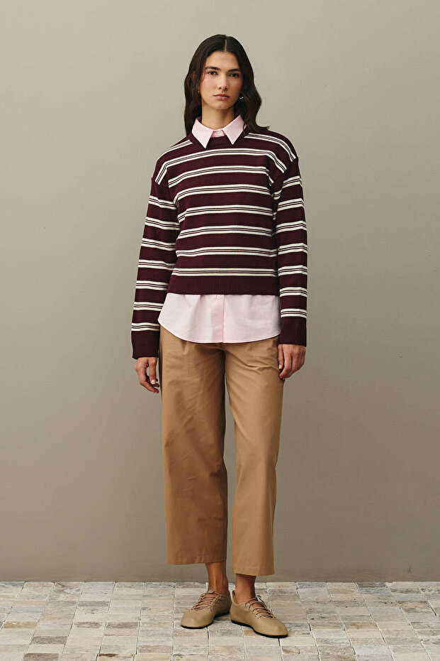 Çizgili Basic Triko Kazak Bordo - 1