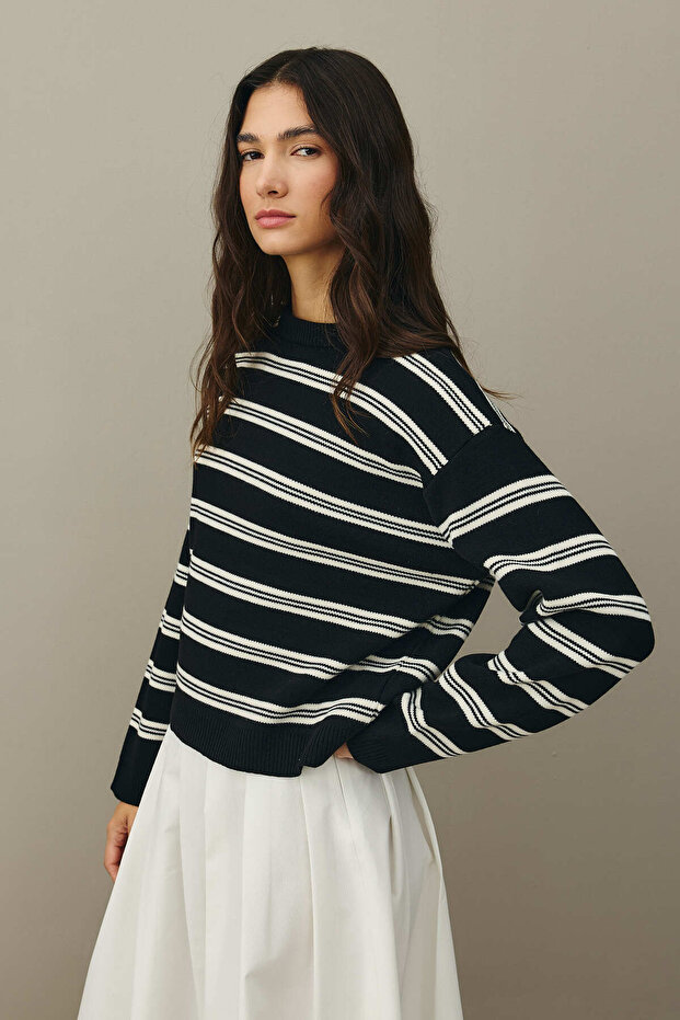 Çizgili Basic Triko Kazak Siyah - 5