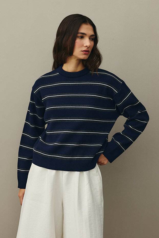 Çizgili Basic Triko Kazak Lacivert - 5