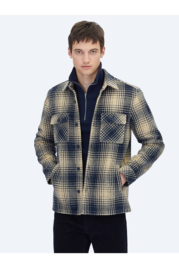 Lacivert Regular Fit Dokuma Overshırt - 1
