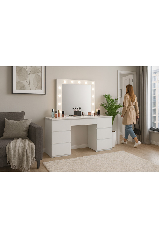 Dressing table and makeup table, with LED mirror and 7 drawers, 132x43x152 cm, white - 2