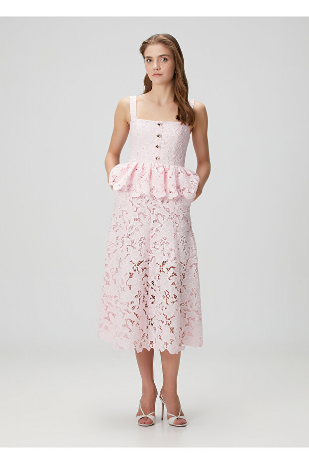 Pembe Midi Dantel Elbise - 1