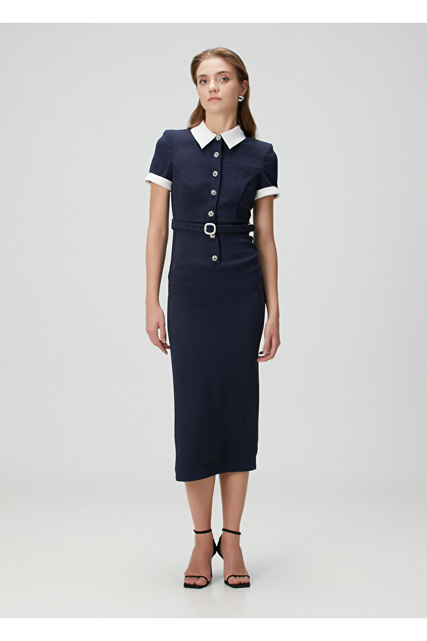 Lacivert Midi Elbise - 2