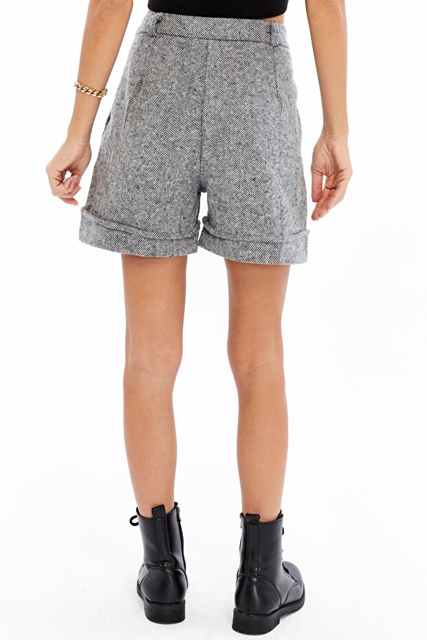 Balık Sırtı Kaşe Cepli Duble Paça Açık Gri Şort - 6