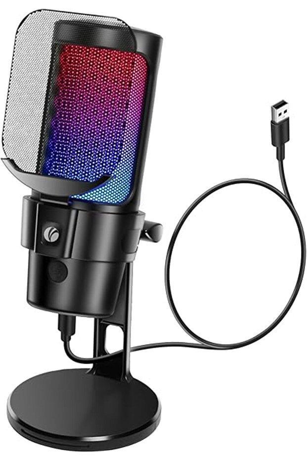 Gaming USB Microphone, Condenser Dynamic Mic for Podcasting, with Quick Mute, Desktop Stand, Pop Fil
