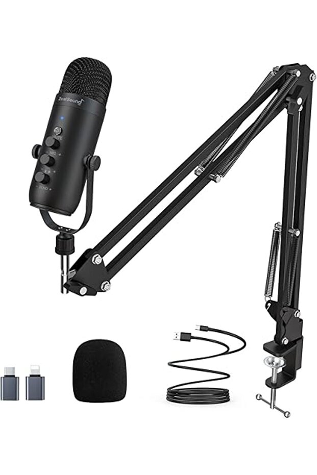 Gaming Microphone Kit, Podcast Condenser USB Mic with Boom Arm, Supercardioid Microphone with Mute B