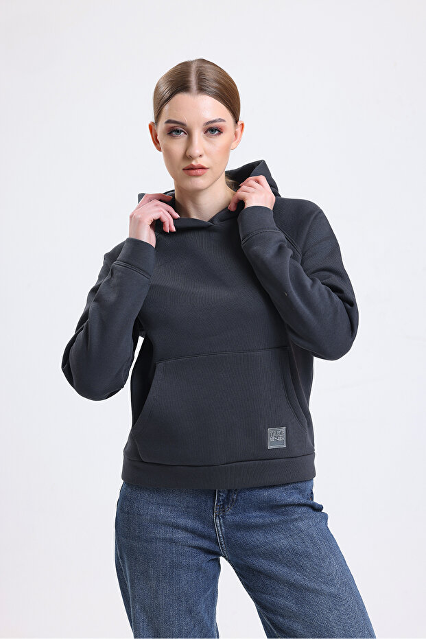 Women's Anthracite Hooded Pocketed 3 Thread Sweattshirt