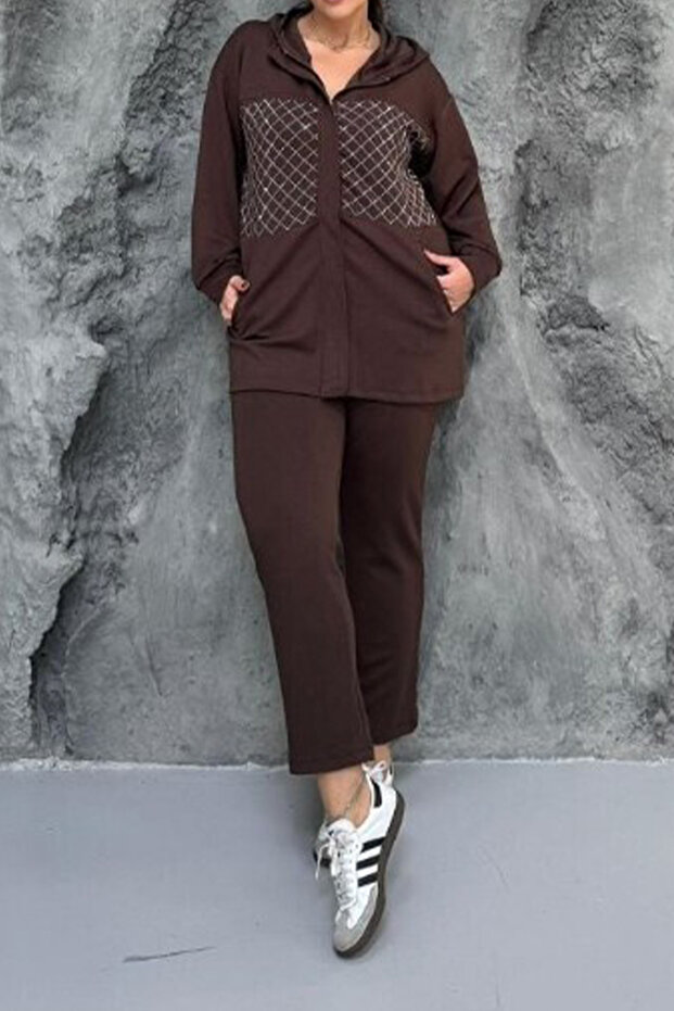Women's Brown Sequin Embroidered Hooded Zipper Closure Jacket Elastic Waist Pants Plus Size Set