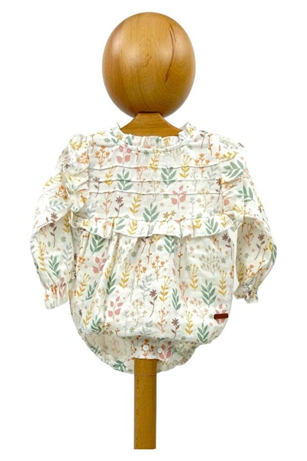 Floral Patterned Ruffle Detailed Baby Girl Muslin Bodysuit Jumpsuit