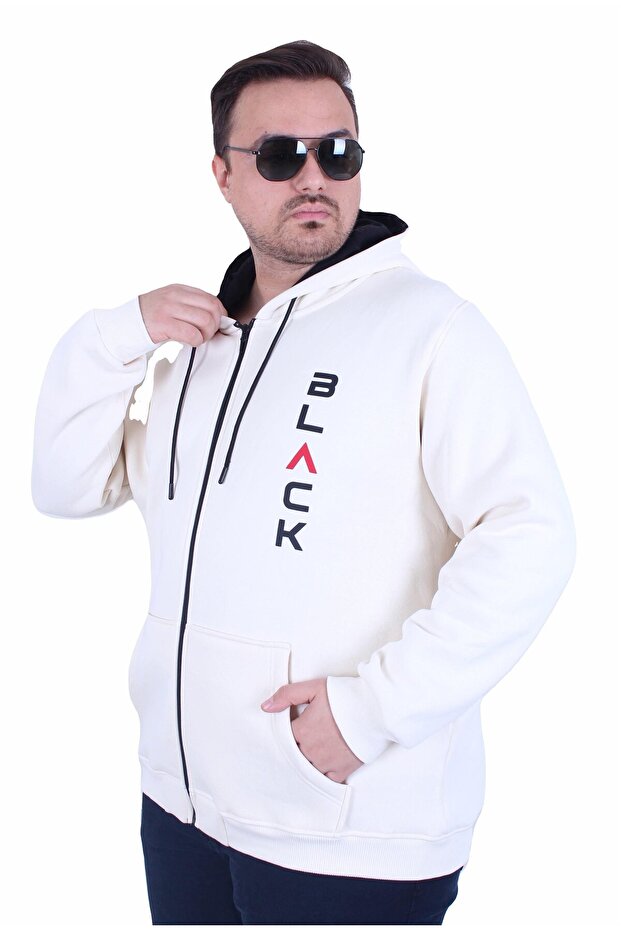 Large Size Hooded Zippered 3Ip Sweat Black 25716 Beige