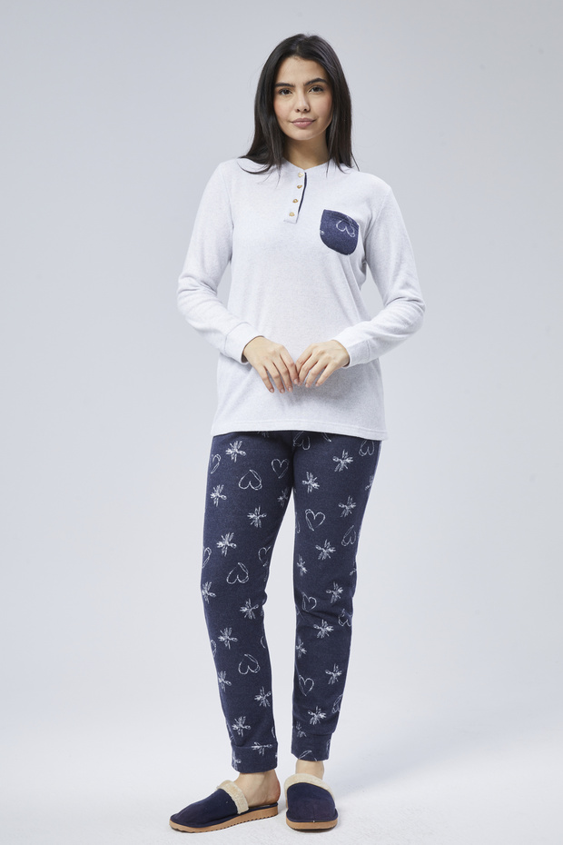 Mooncover Women's Winter Pajama Set with Chest Pocket Detail Gray-Navy Blue