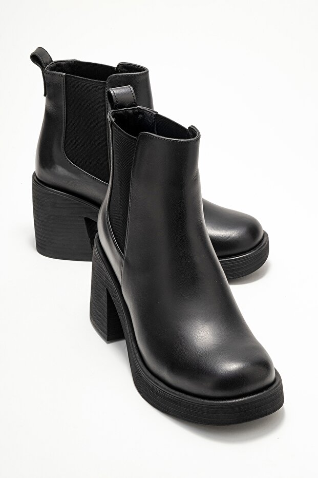 Lysa Black Leather Elastic Genuine Leather Women's Platform Heeled Boots