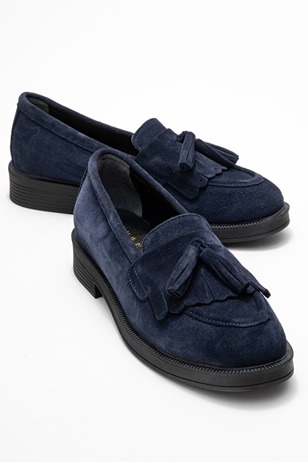Mi̇lina Navy Blue Suede Tasseled Genuine Leather Women's Loafer Shoes