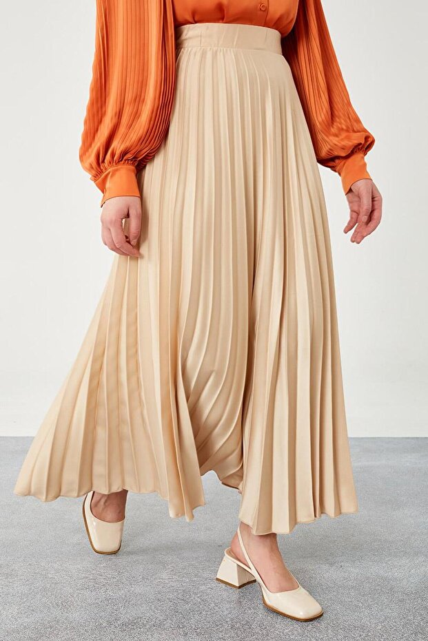 Bej Piliseli Saten Etek - 2