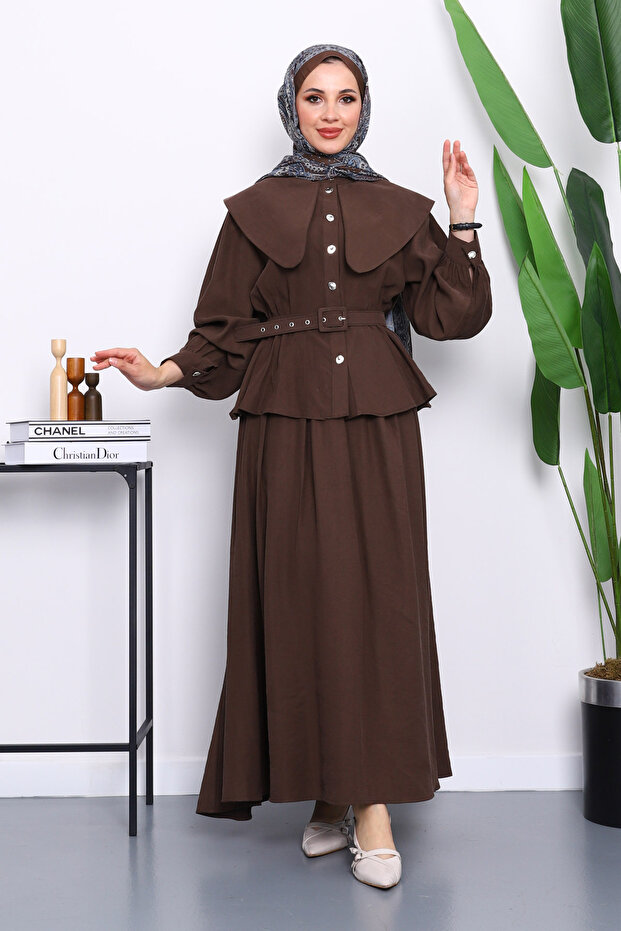 Brown Collar Detailed Shirt Skirt Set