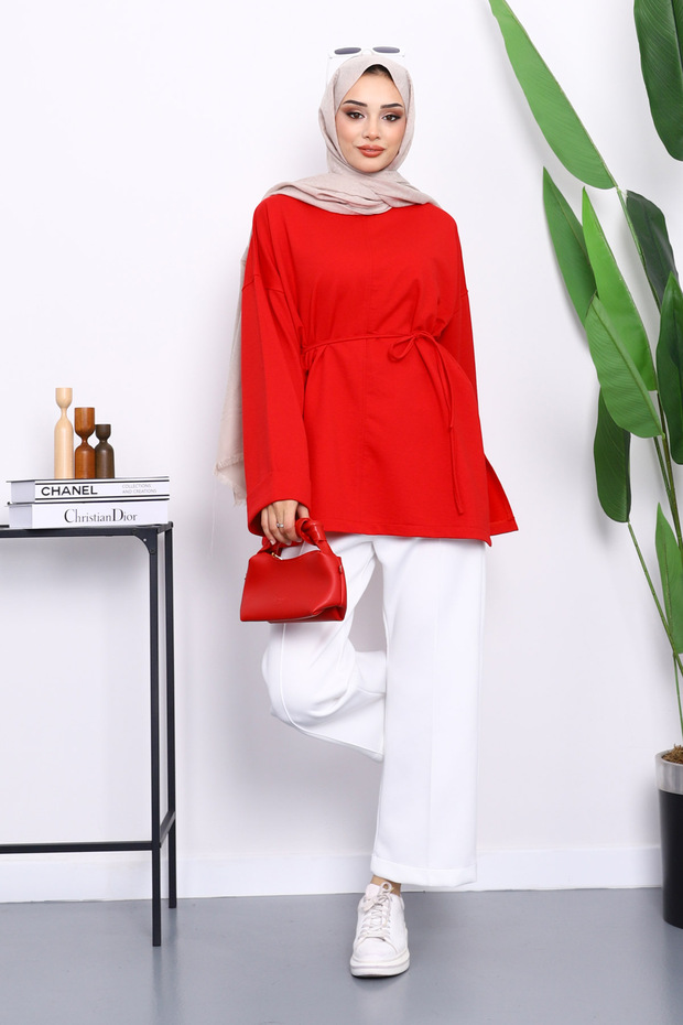 تونيك أحمر بفتحات جانبية ورباط عند الخصر - 2