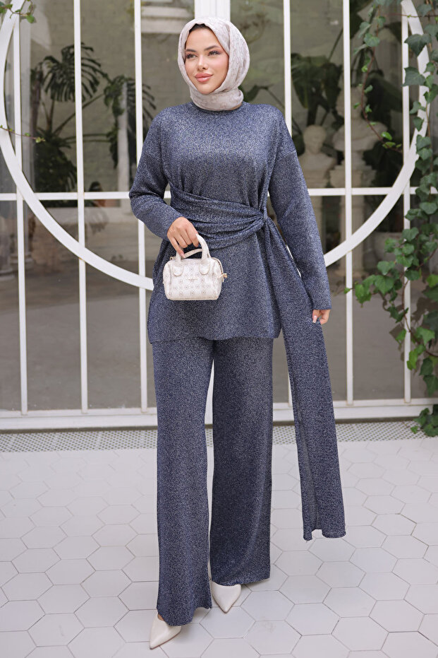 Navy Blue Crew Neck Glitter Trouser Suit