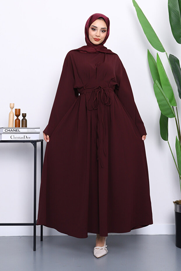 Mürdüm Bel Bağlamalı Piliseli Elbise - 1