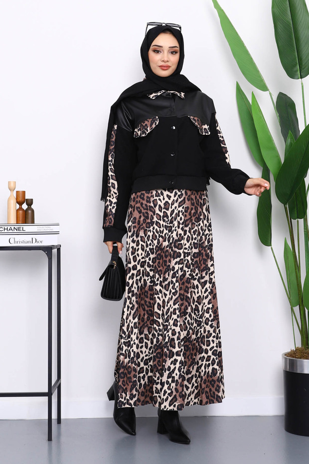 Black Leopard Patterned Jacket Skirt Suit