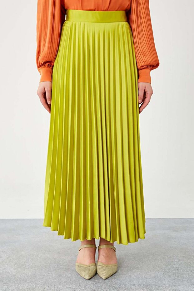 Oil Green Pleated Satin Skirt