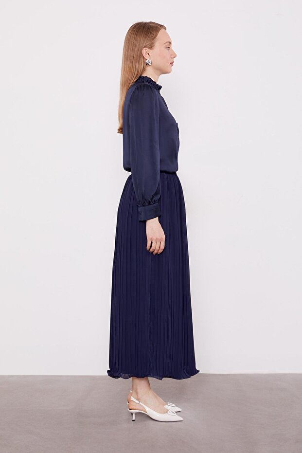 Lacivert Kırışık Piliseli Etek - 3