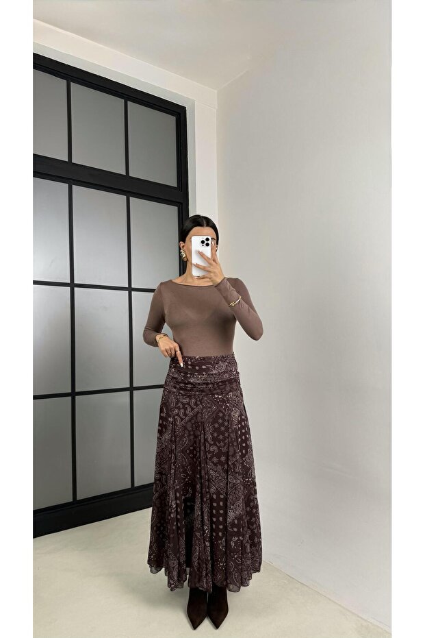 Kahve Etnik Desenli Astarlı Etek GAUS-00464 - 4