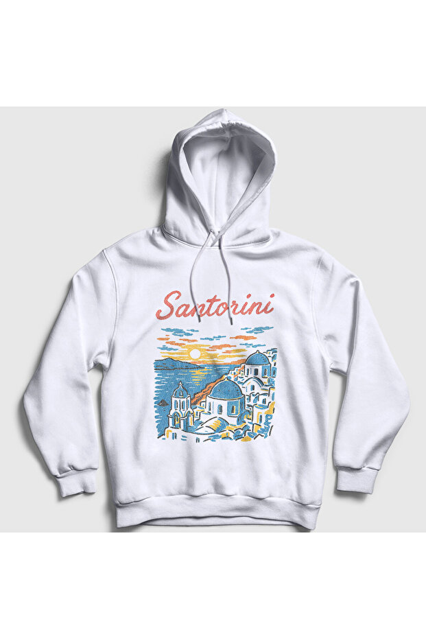 Unisex White Santorini Greece Hooded Sweatshirt 579617Tt
