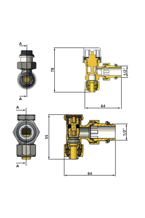 Angled thermostatic set (supply, return, head), PEX connection - 3